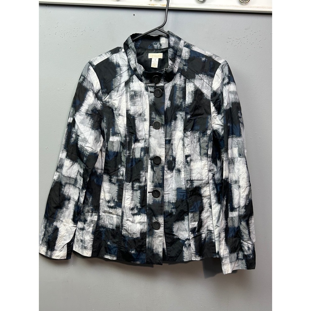 Chicos Black White Abstract Print Jacket Button Front Women Size 1 Medium
